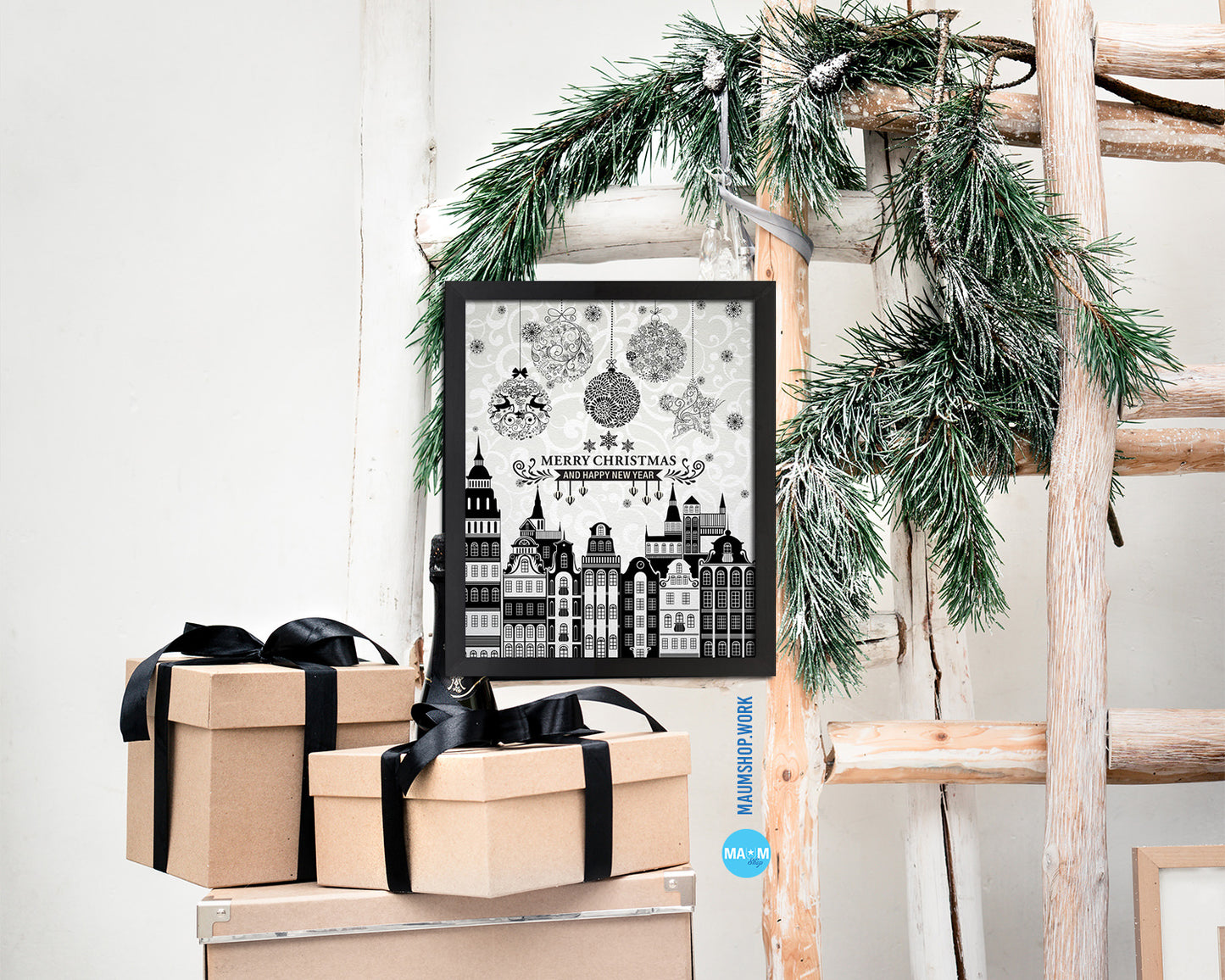 Merry Christmas Building Holiday Season Gifts Wood Framed Print Home Decor Wall Art