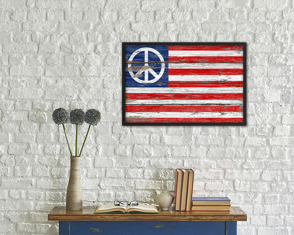 Peace Sign American Wood Rustic Flag Wood Framed Print Wall Art Decor Gifts