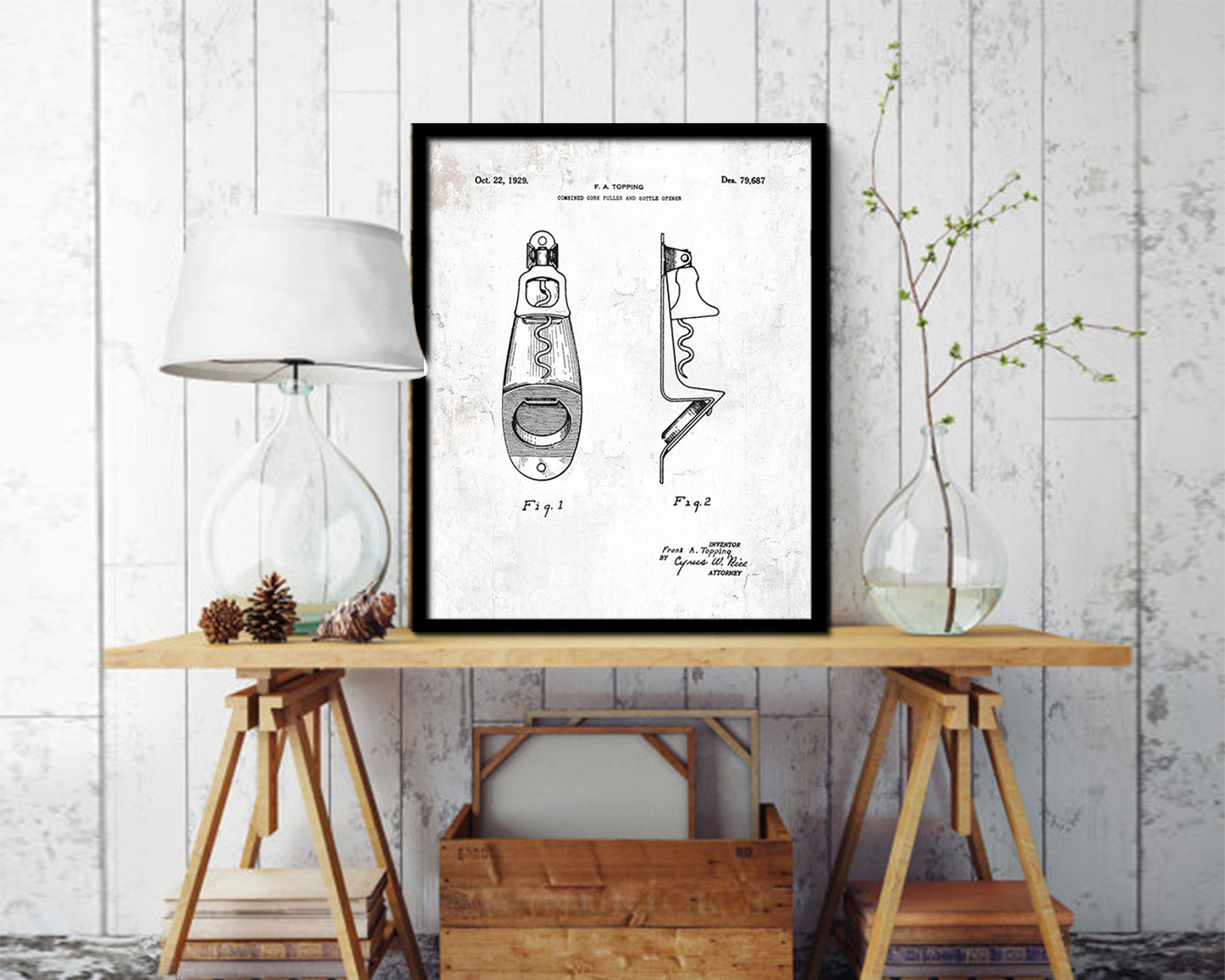 Cork Puller and Bottle Opener Wine Vintage Patent Artwork Black Frame Print Gifts