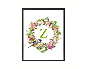 Letter Z Floral Wreath Monogram Framed Print Wall Art Decor Gifts