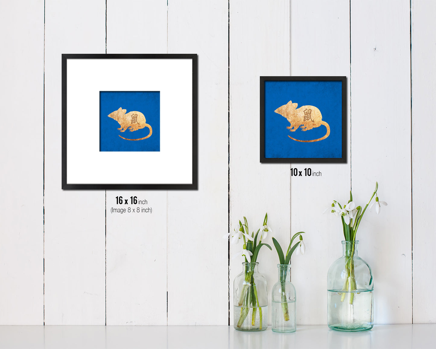Rat Chinese Zodiac Character Wood Framed Print Wall Art Decor Gifts, Blue