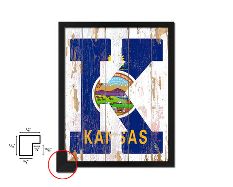 Kansas State Initial Flag Wood Framed Paper Print Decor Wall Art Gifts, Beach