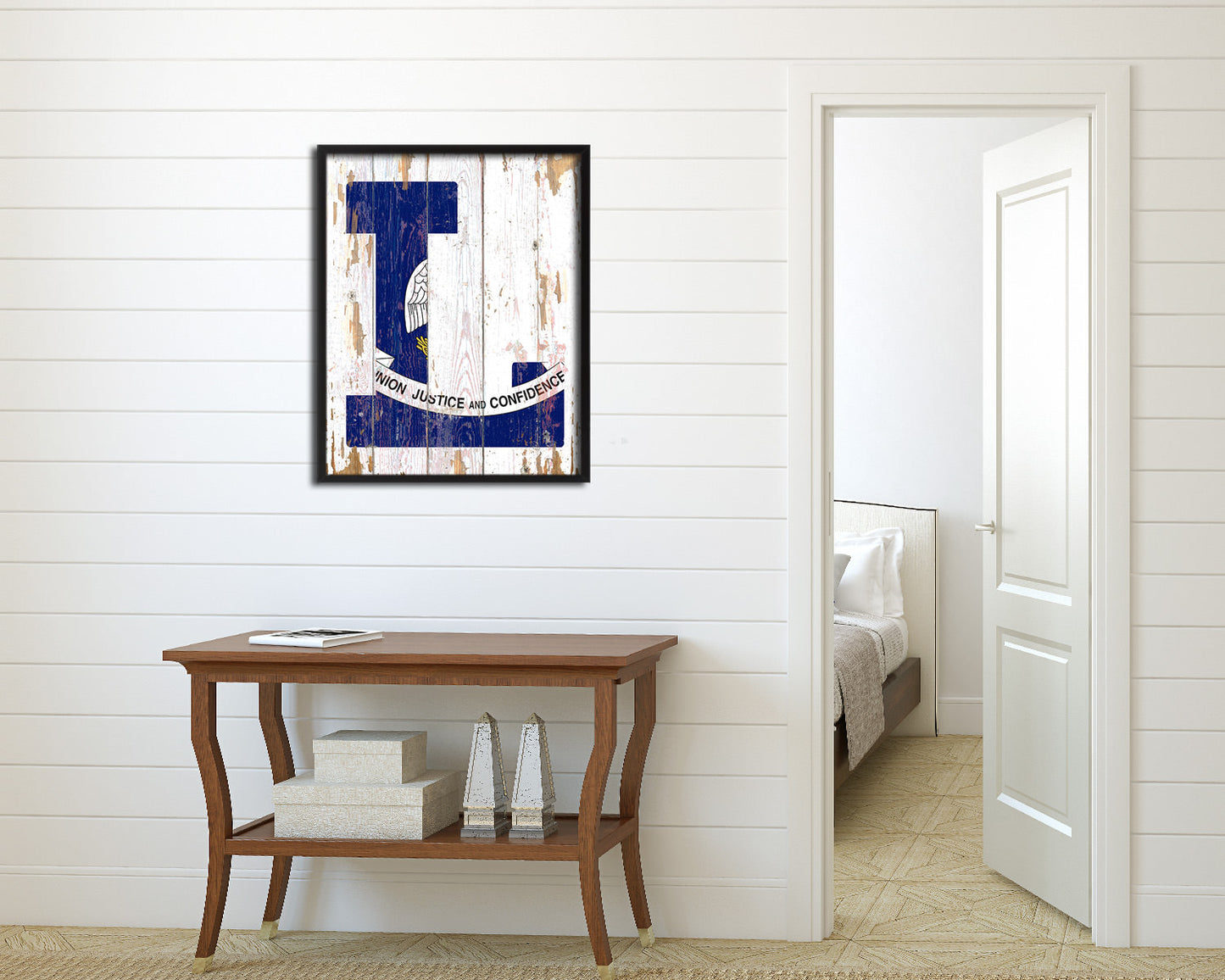 Louisiana State Initial Flag Wood Framed Paper Print Decor Wall Art Gifts, Beach