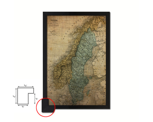 Sweden and Norway Vintage Map Wood Framed Print Art Wall Decor Gifts