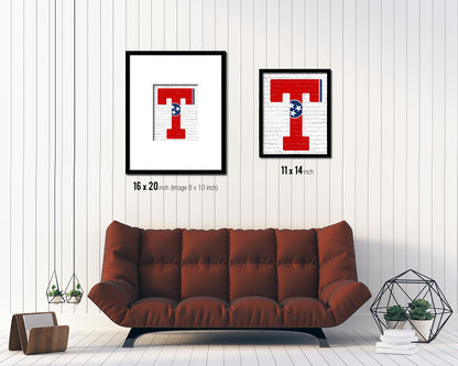 Tennessee State Initial Flag Wood Framed Paper Print Decor Wall Art Gifts, Brick