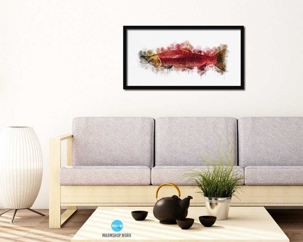 Hony Sockey Salmon Fish Art Wood Frame Modern Restaurant Sushi Wall Decor Gifts, 10" x 20"