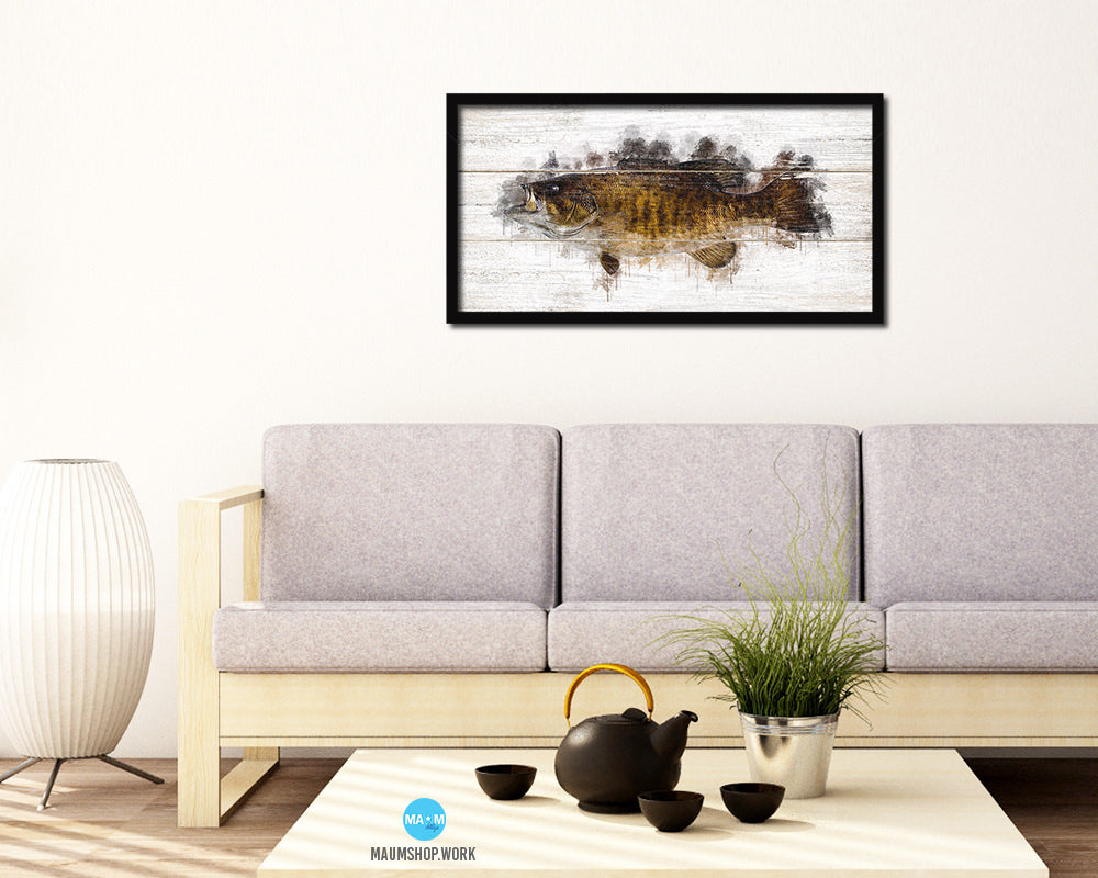 Smallmouth Bass Fish Art Wood Framed White Wash Restaurant Sushi Wall Decor Gifts, 10" x 20"