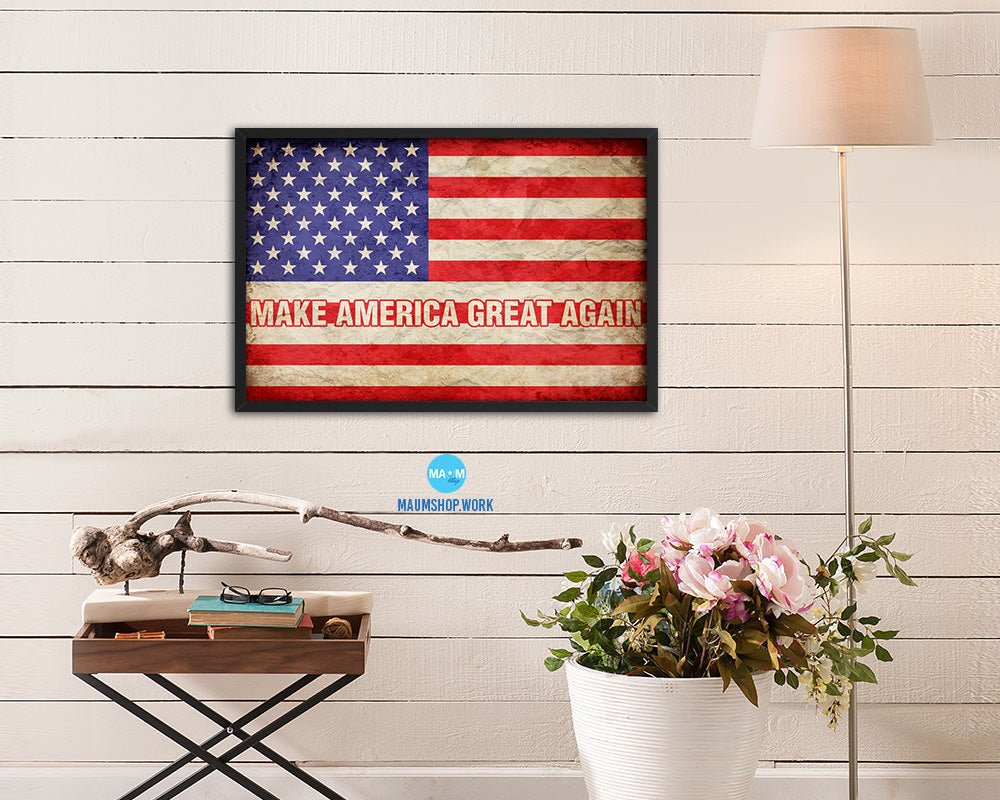Make America Great Again, Donald Trump Campaign Vintage Military Flag Framed Print Art