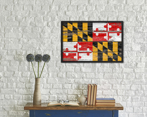 Maryland State Rustic Flag Wood Framed Paper Prints Wall Art Decor Gifts