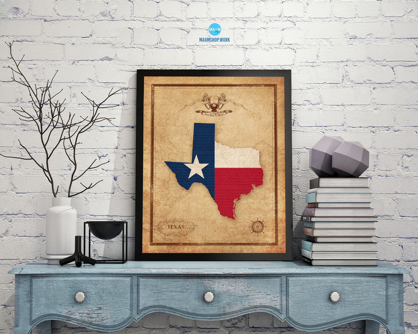 Texas State Vintage Map Wood Framed Paper Print  Wall Art Decor Gifts