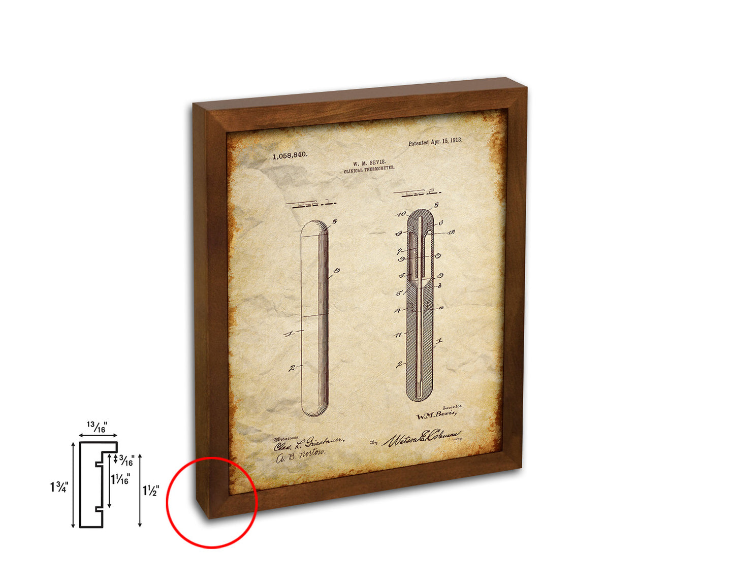 Tools Bevis Clinical Thermometer Doctor Vintage Patent Artwork Walnut Frame Gifts