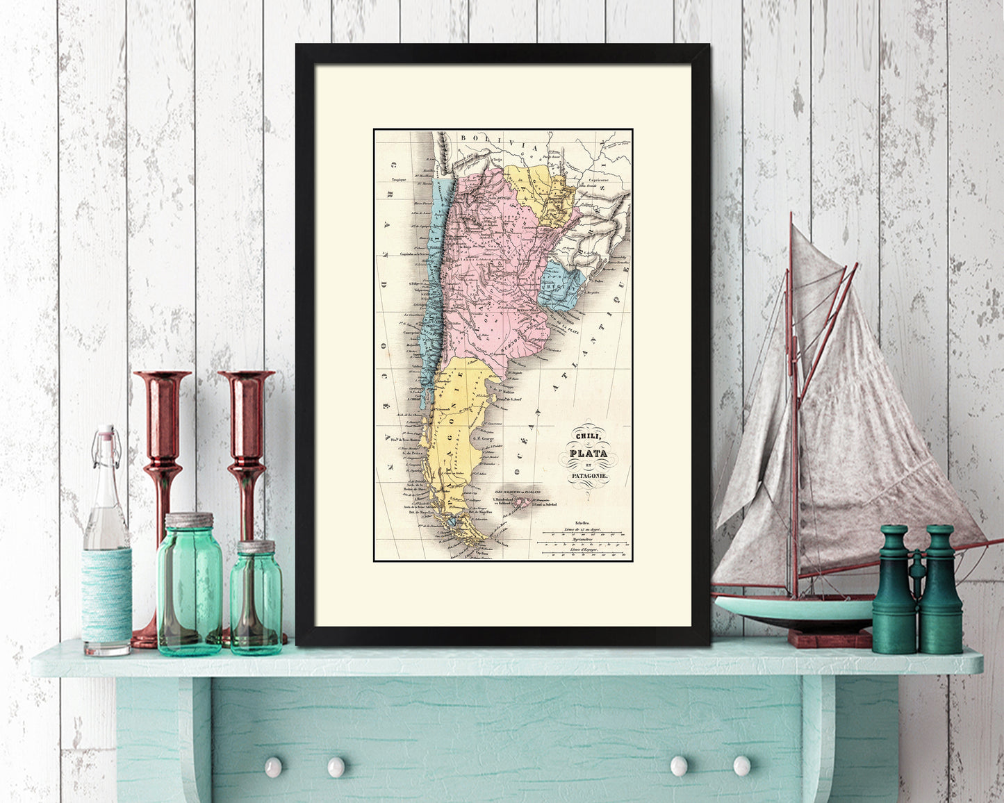 Argentina Chile Patagonia Old Map Wood Framed Print Art Wall Decor Gifts