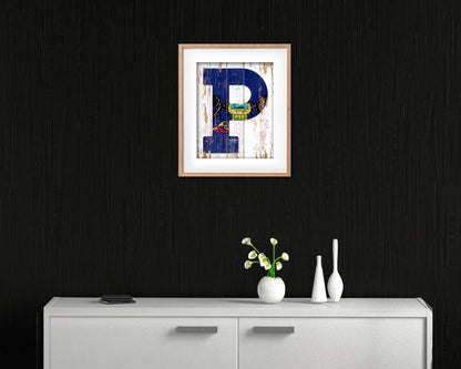 Pennsylvania State Initial Flag Wood Framed Paper Print Decor Wall Art Gifts, Beach