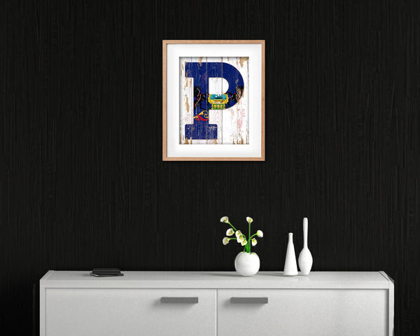 Pennsylvania State Initial Flag Wood Framed Paper Print Decor Wall Art Gifts, Beach