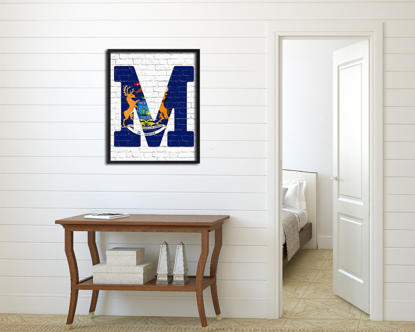 Michigan State Initial Flag Wood Framed Paper Print Decor Wall Art Gifts, Brick