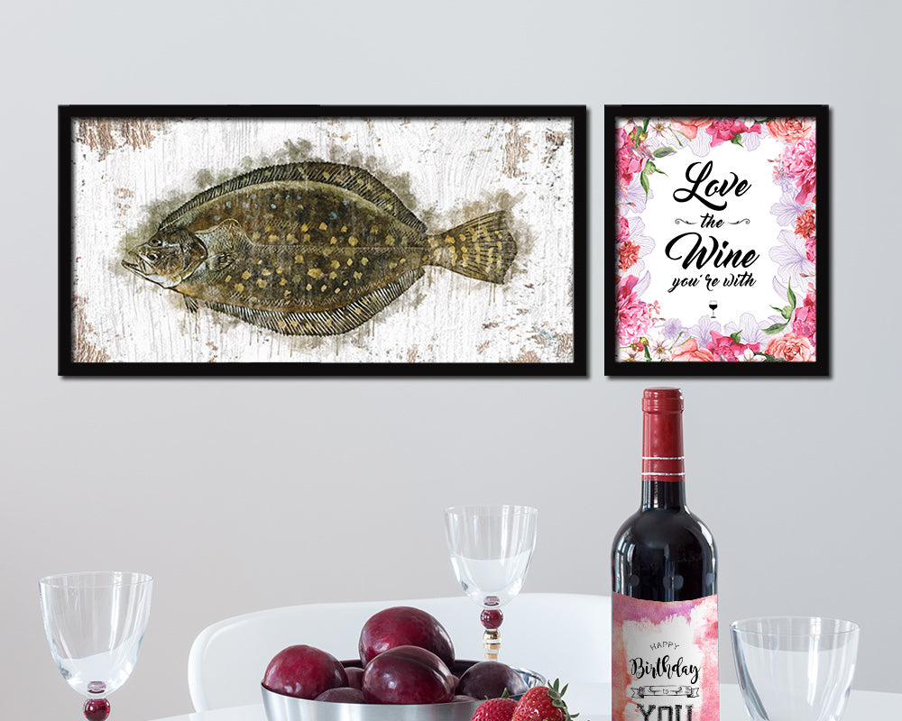 Flounder Fish Art Wood Frame Shabby Chic Restaurant Sushi Wall Decor Gifts, 10" x 20"