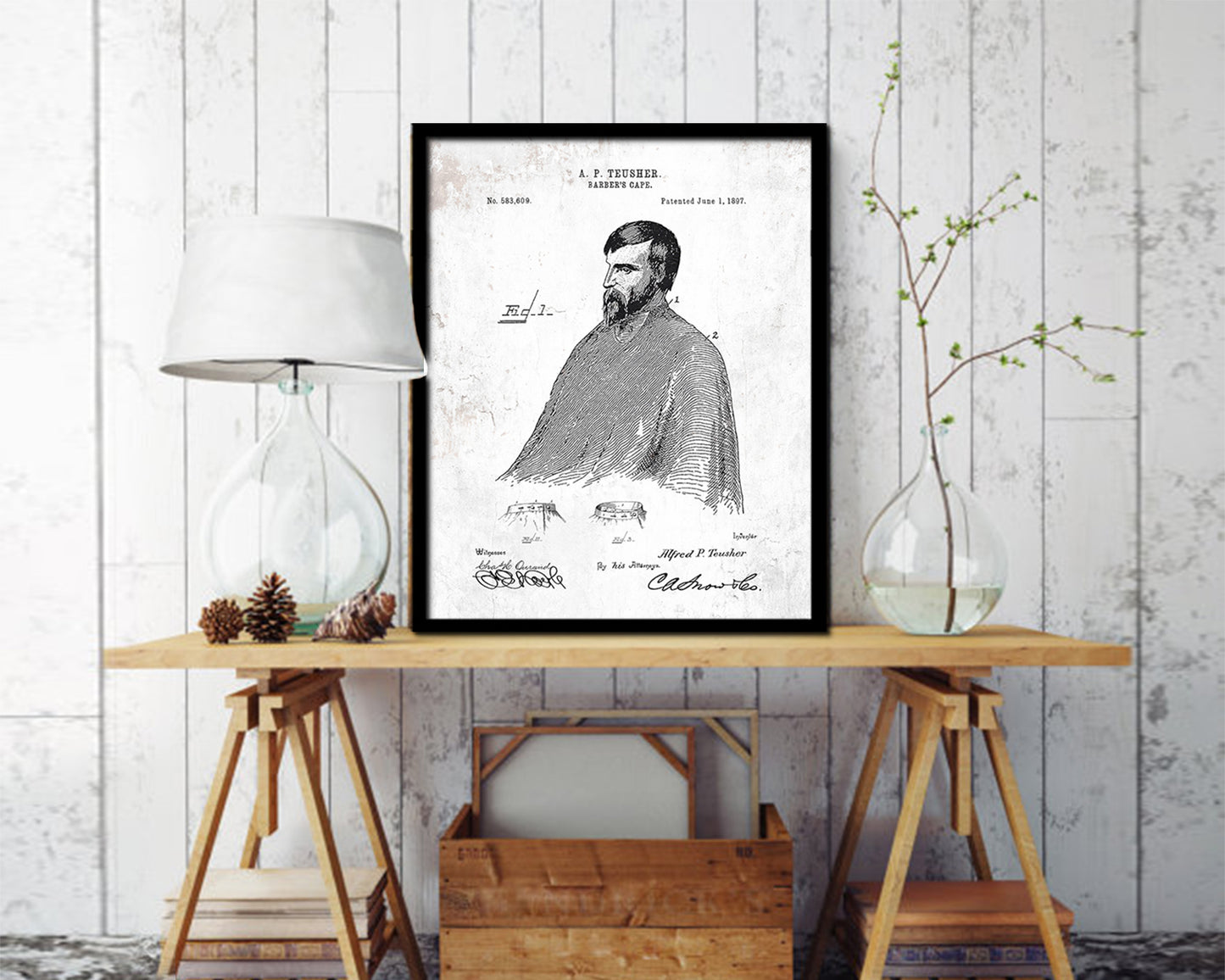 Barber's Cape Barbershop Vintage Patent Artwork Black Frame Print Wall Art Decor Gifts