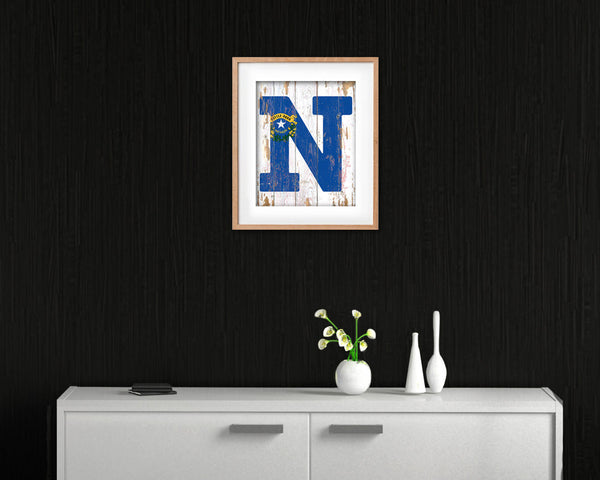 Nevada State Initial Flag Wood Framed Paper Print Decor Wall Art Gifts, Beach
