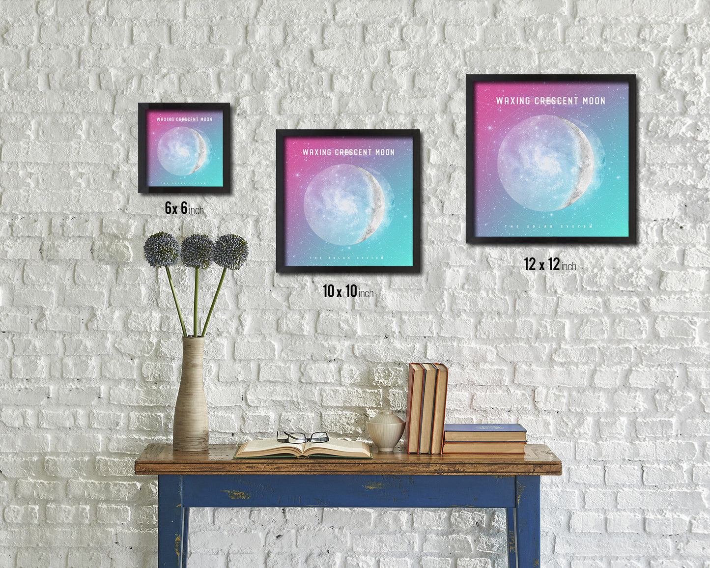Waxing Crescent Lunar Phases Colorful Moon Watercolor Framed Prints Home Decor Wall Art Gifts