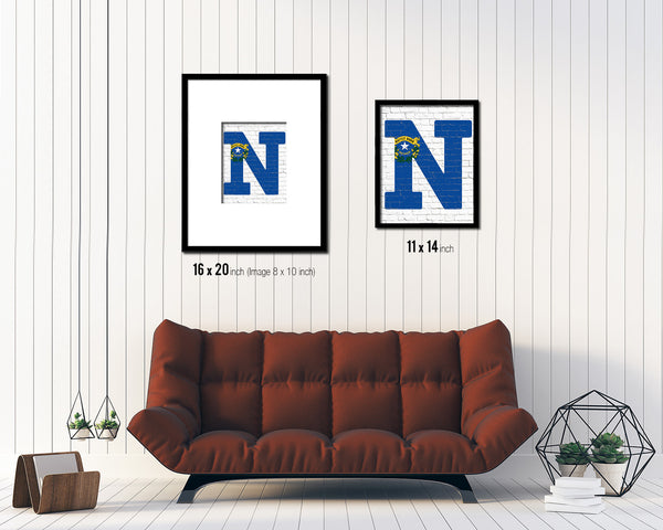 Nevada State Initial Flag Wood Framed Paper Print Decor Wall Art Gifts, Brick