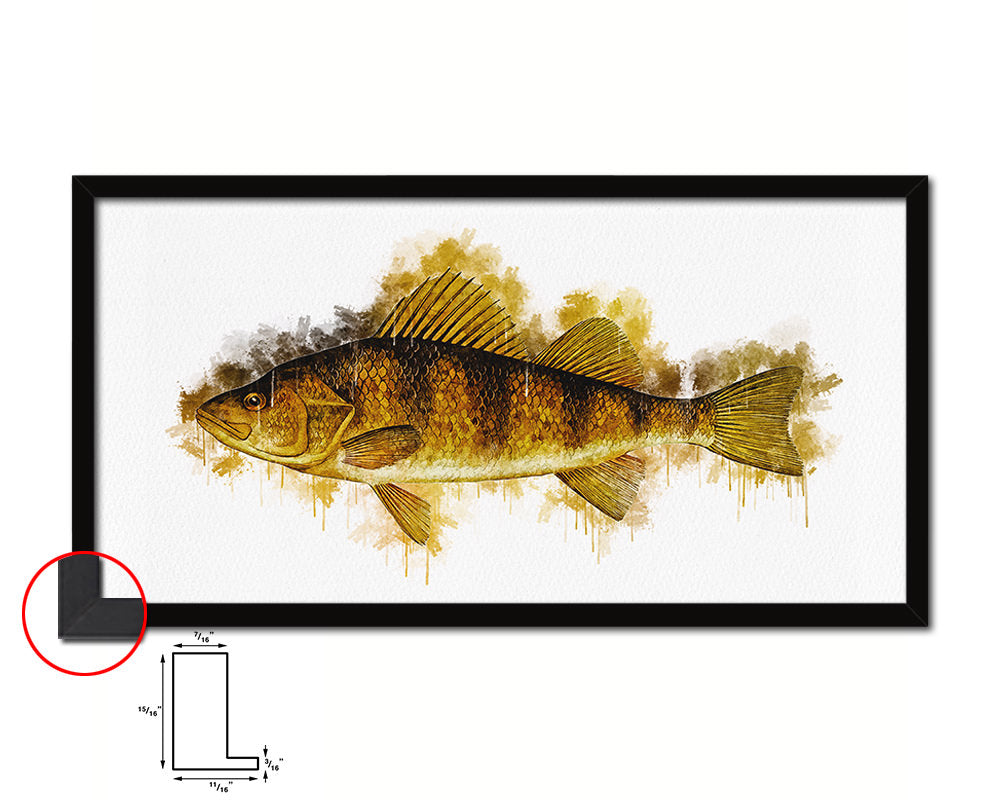 Yellow Perch Fish Art Wood Frame Modern Restaurant Sushi Wall Decor Gifts, 10" x 20"