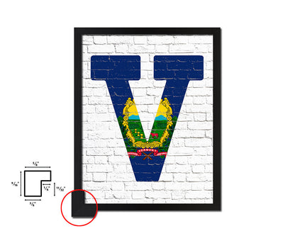 Vermont State Initial Flag Wood Framed Paper Print Decor Wall Art Gifts, Brick