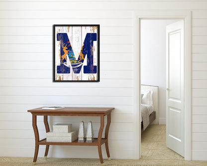 Michigan State Initial Flag Wood Framed Paper Print Decor Wall Art Gifts, Beach