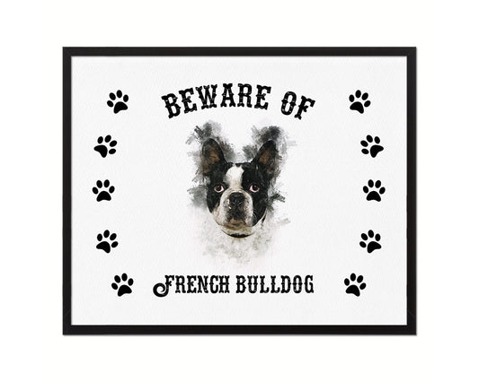 Beware of French Bulldog Sign Wood Framed Print Wall Art Decor Gifts