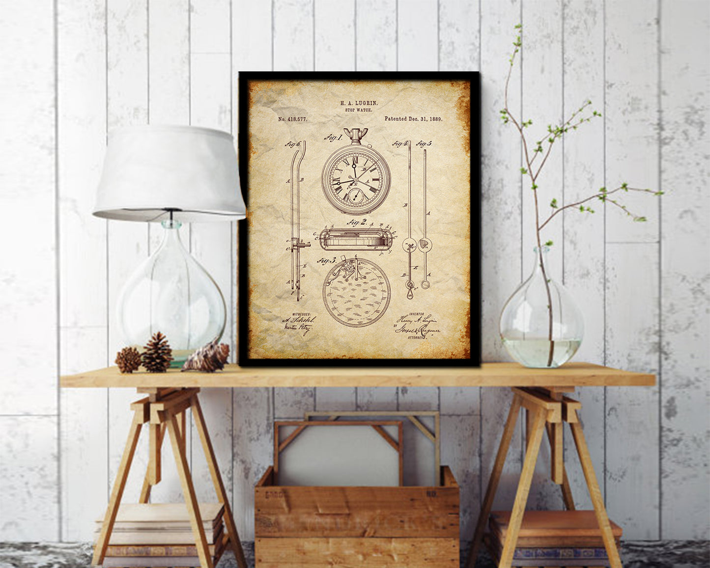 Stop Watch Tools Vintage Patent Artwork Walnut Frame Gifts