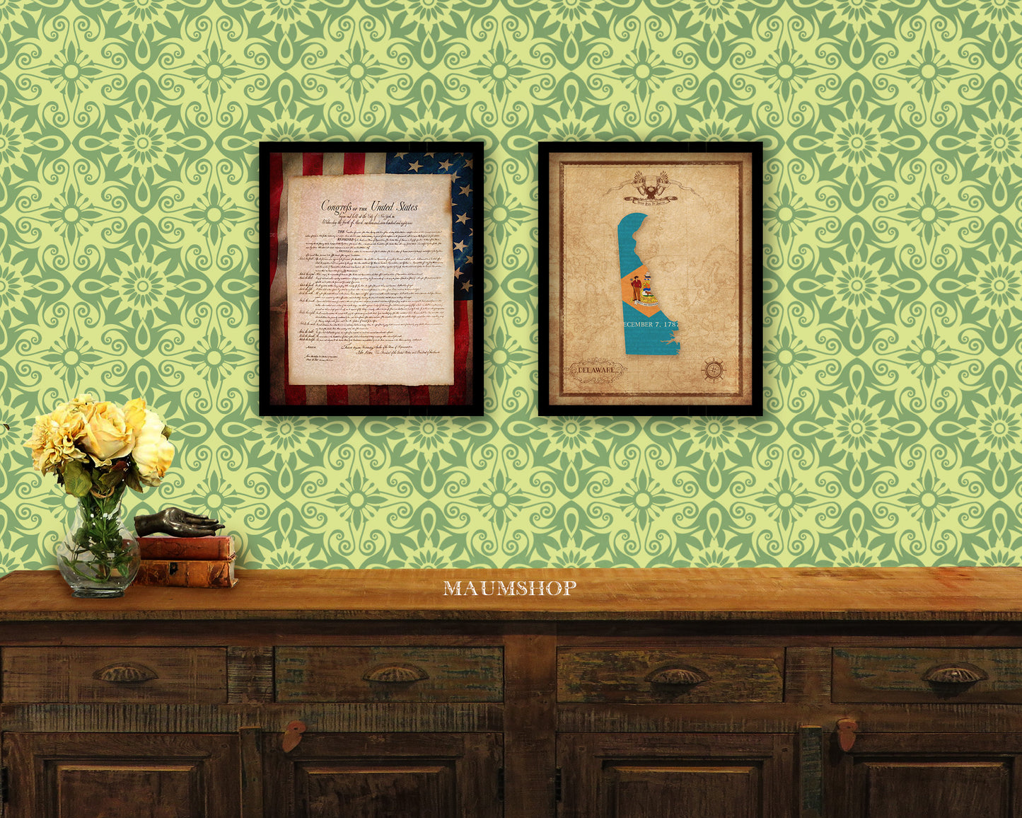 Delaware State Vintage Map Wood Framed Paper Print  Wall Art Decor Gifts