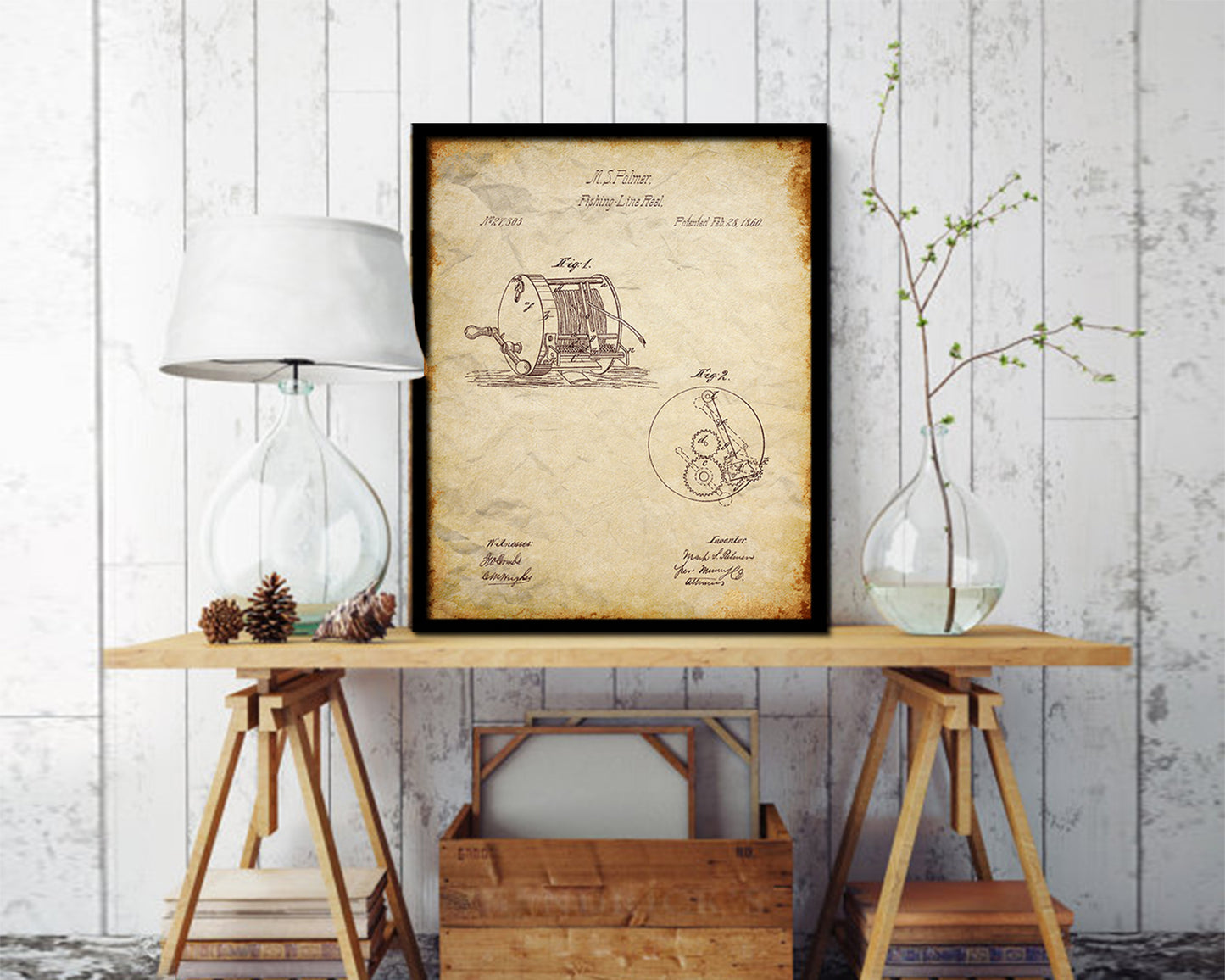 Line Reel Fishing Vintage Patent Artwork Walnut Frame Print Wall Art Decor Gifts