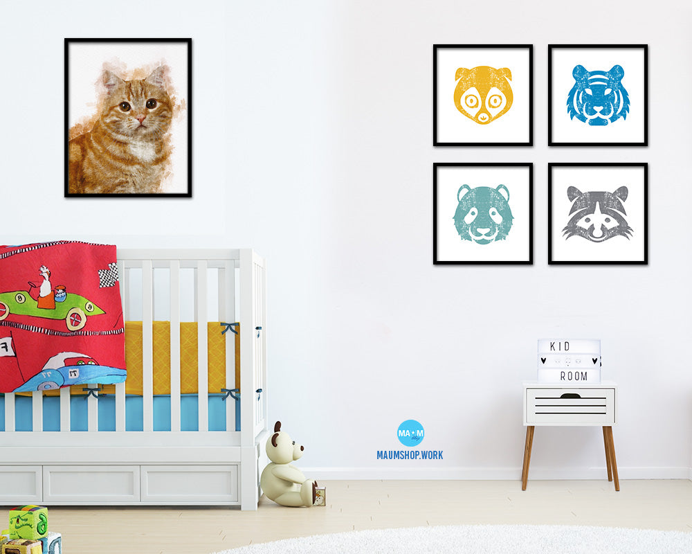 Red Little Cat Kitten Portrait Framed Print Pet Home Decor Custom Watercolor Wall Art Gifts