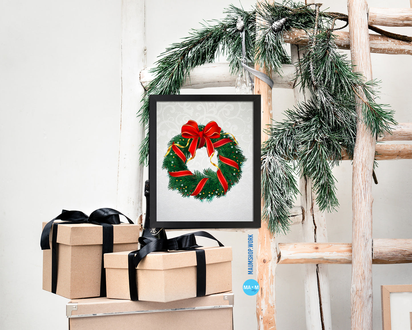Christmas Wreath Holiday Season Gifts Wood Framed Print Home Decor Wall Art