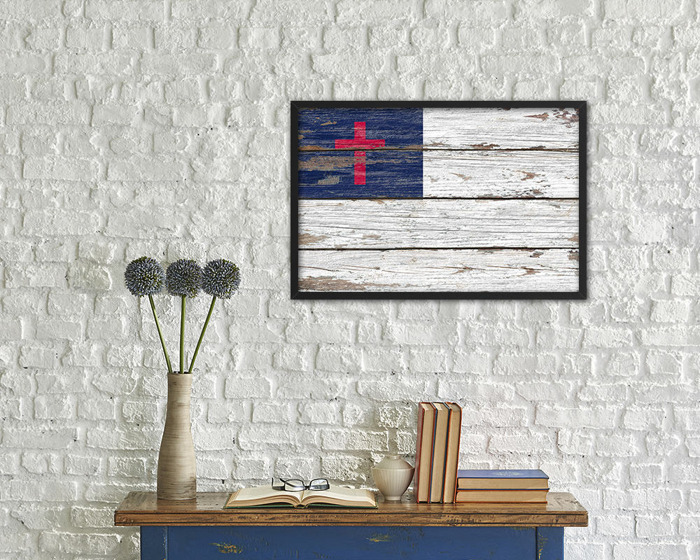 Kayso Christian Religious Wood Rustic Flag Wood Framed Print Wall Art Decor Gifts