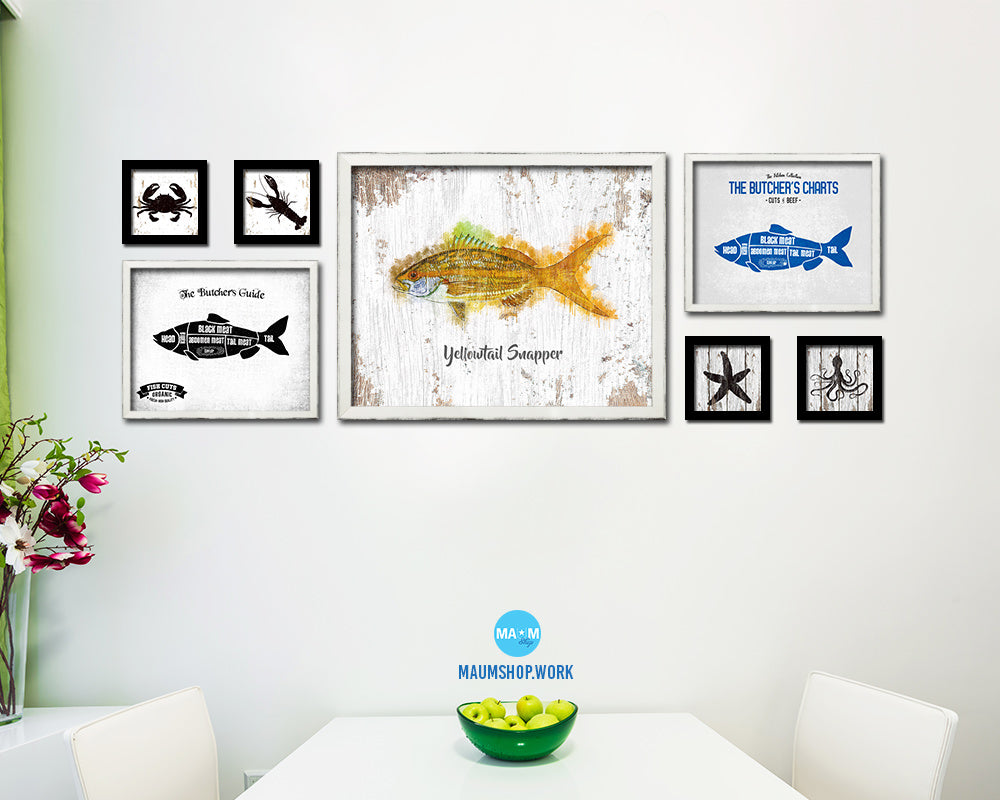 Yellowtail Snapper Fish Framed Prints Modern Restaurant Sushi Bar Watercolor Wall Art Decor