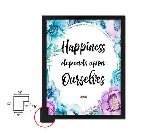 Happiness depends upon ourselves Aristotle Quote Boho Flower Framed Print Wall Decor Art