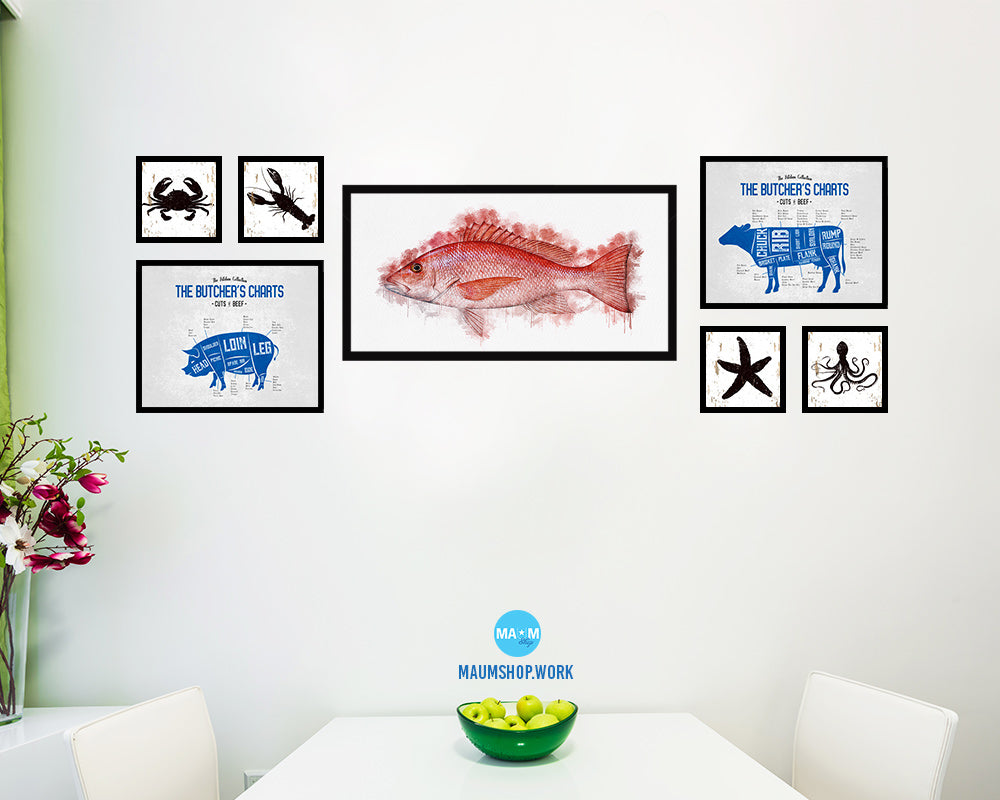 Red Snapper Fish Art Wood Frame Modern Restaurant Sushi Wall Decor Gifts, 10" x 20"