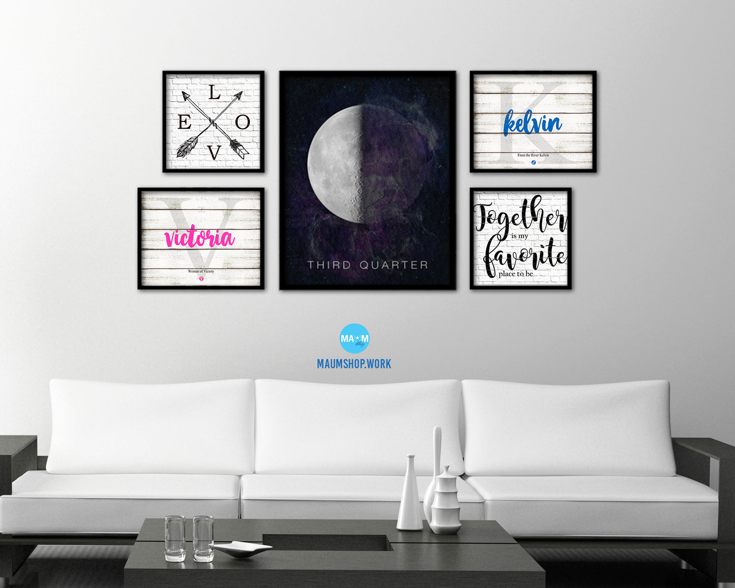 Waning Third Quarter Lunar Phases Moon Watercolor Nursery Framed Prints Home Decor Wall Art Gifts