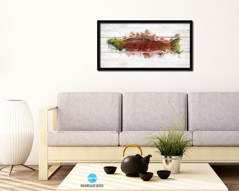 Sockeye Salmon Fish Art Wood Framed White Wash Restaurant Sushi Wall Decor Gifts, 10" x 20"