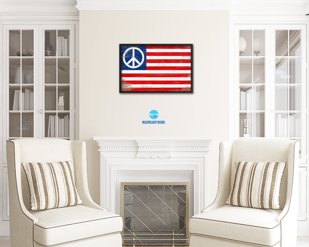 Peace Sign American Shabby Chic Military Flag Framed Print Decor Wall Art Gifts