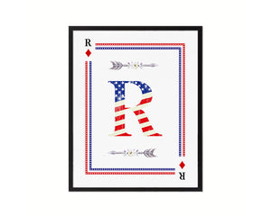 Letter R Custom Monogram Decks Diamond American Flag Framed Print Wall Art Decor Gifts