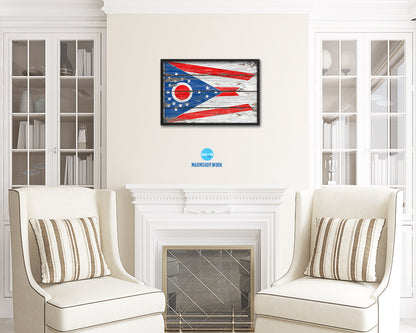 Ohio State Rustic Flag Wood Framed Paper Prints Wall Art Decor Gifts