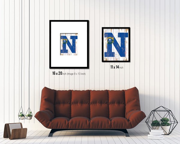 Nevada State Initial Flag Wood Framed Paper Print Decor Wall Art Gifts, Beach