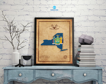 New York State Vintage Map Wood Framed Paper Print  Wall Art Decor Gifts