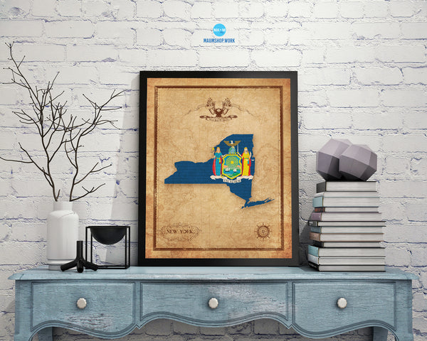 New York State Vintage Map Wood Framed Paper Print  Wall Art Decor Gifts