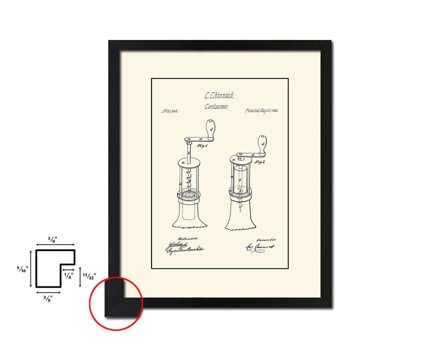 Corkscrew Wine Vintage Patent Artwork Black Frame Print Gifts