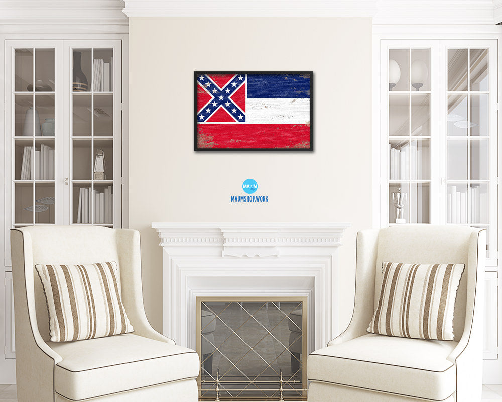 Mississippi State Shabby Chic Flag Wood Framed Paper Print  Wall Art Decor Gifts