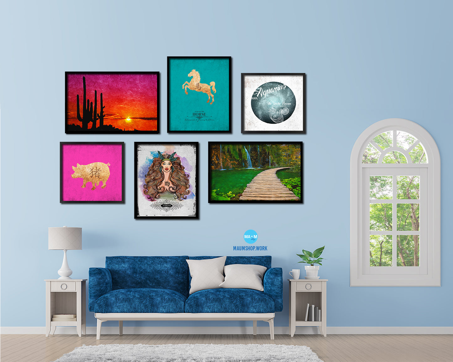 Horse Chinese Zodiac Character Black Framed Art Paper Print Wall Art Decor Gifts, Aqua