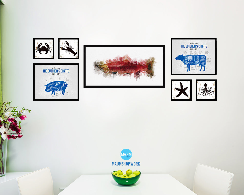 Hony Sockey Salmon Fish Art Wood Frame Modern Restaurant Sushi Wall Decor Gifts, 10" x 20"