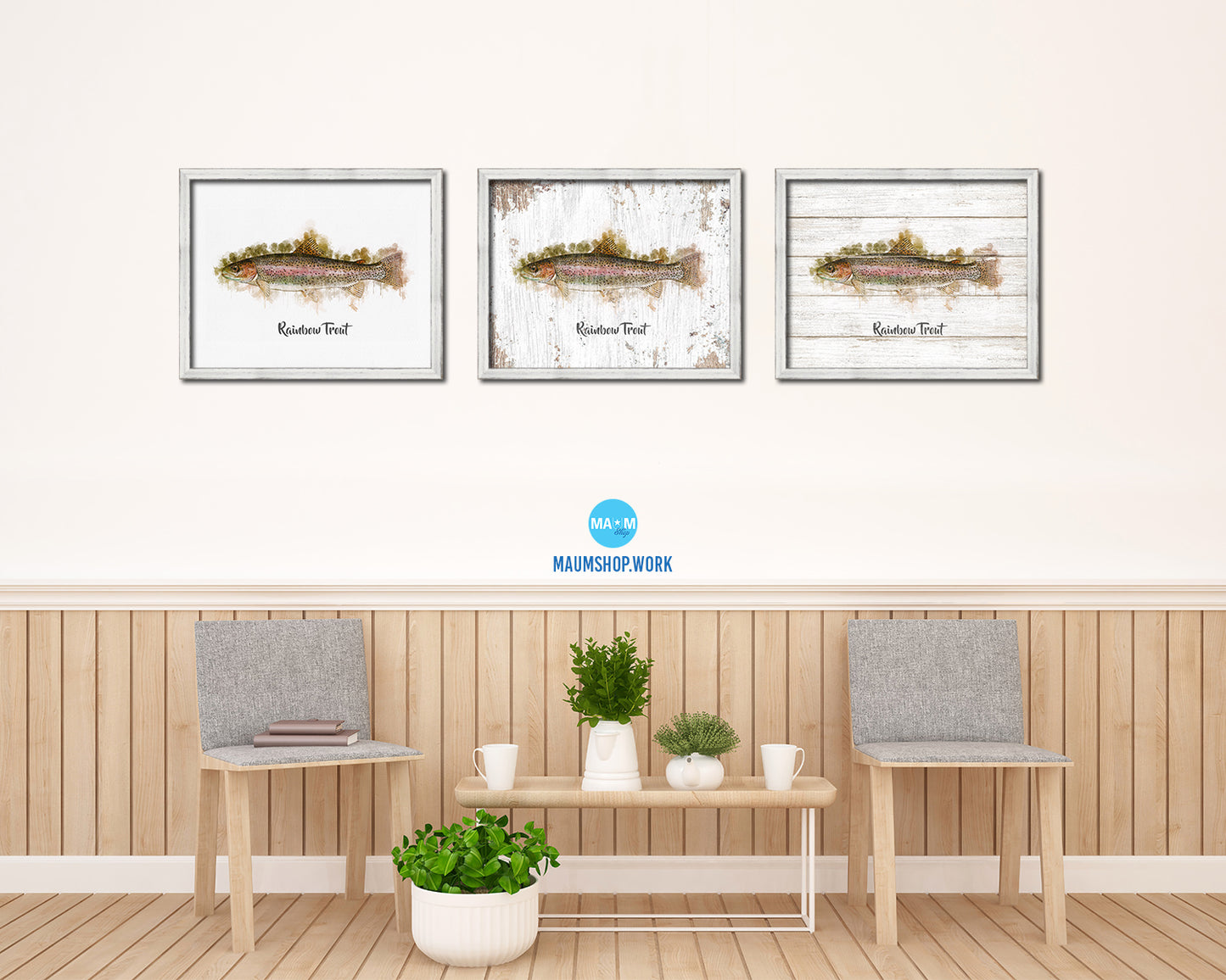 Rainbow Trout Fish Framed Prints Modern Restaurant Sushi Bar Watercolor Wall Art Decor